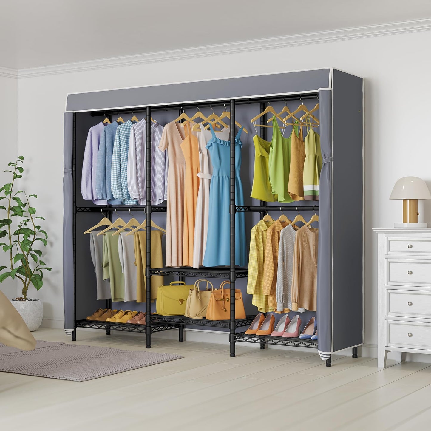 VIPEK V5C SE Covered Garment Rack Heavy Duty Clothes Rack with Cover and Adjustable Shelves, Freestanding Portable Closet Racks Clothes Storage Wardrobe Closets, Black Clothing Racks with Grey Cover