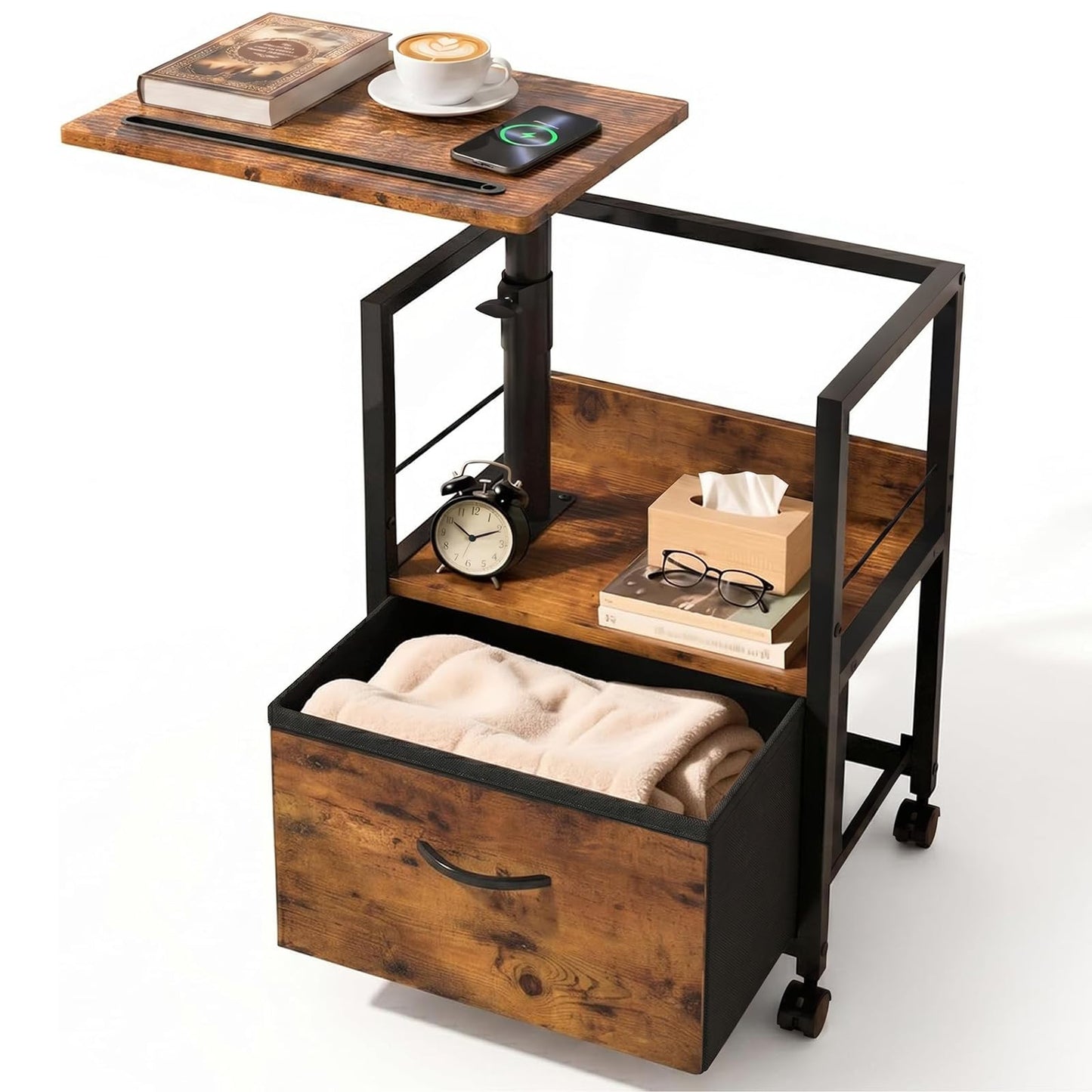 Faesun Swivel Lift Top Nightstand, Rolling Side Table for Recliner, Bedside Table with Wheels & a Fabric Drawer, for Small Spaces, for Bedroom, Living Room, Brown