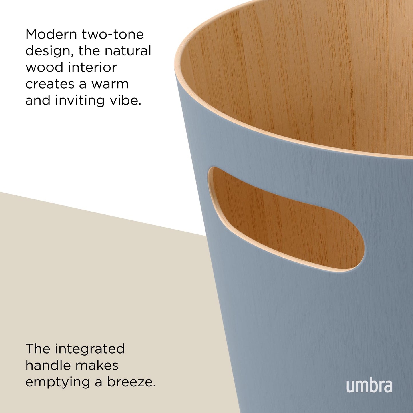 Umbra Woodrow 2-Gallon Modern Wooden Trash Can Wastebasket, Attractive Bin for Garbage or Recycling, Suitable for Home or Office, Slate Blue