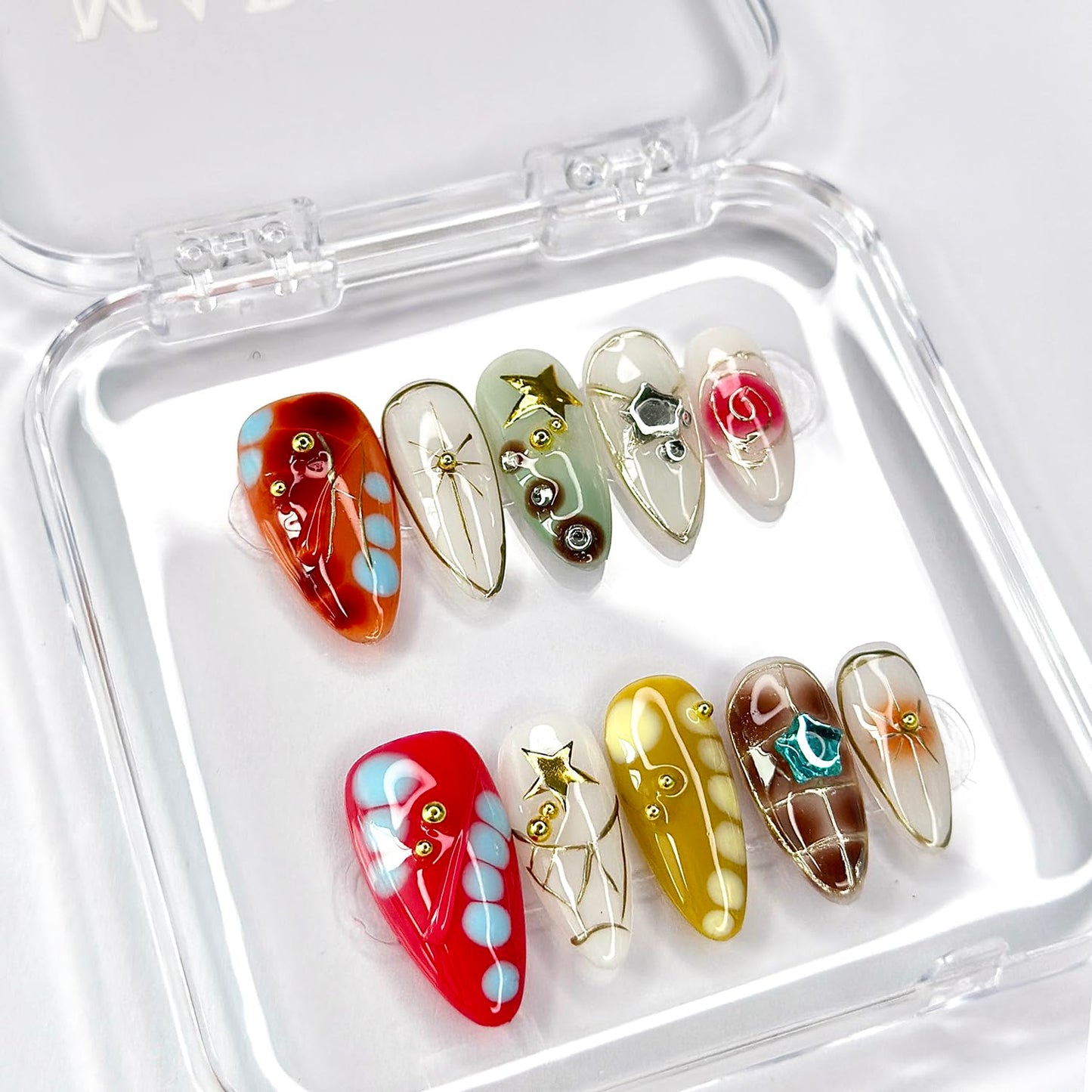 Luxury Press on Nails Medium Almond Handmade 3D Unique Reusable ABS Material Fake Nails Y2K Silver Curve Line False Nails with Designs Stars Art Glossy Glue on Nails Thick Acrylic Nails(M)