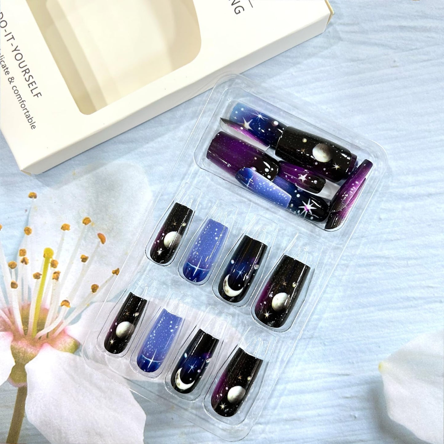 Press on Nails Medium Ballet Shaped Colorful Stars Sky Design Smudge False Nails Stars Ball Fake Nails Full Cover Starry Sky Stick on Nails Artificial Coffin Nails 24Pcs Glue on Nails for Women