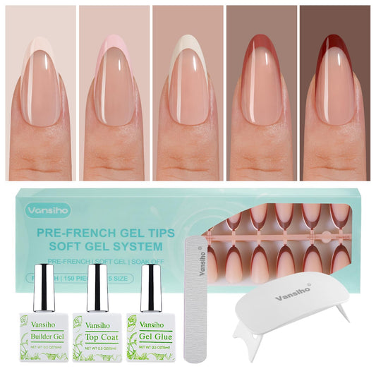 Vansiho French Gel Nails Kit - Medium Almond French Tip Press on Nails Kit, Nail Gel and Nail Lamp for Gift and Nail Art DIY