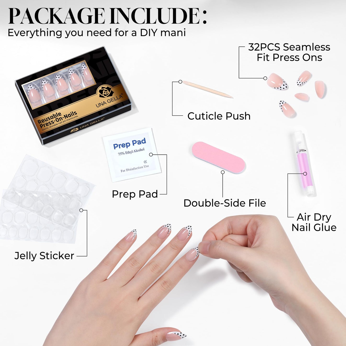 UNA GELLA 32Pcs Soft Gel Press on Nails - 16 Sizes Polka Dot French Tip Almond Glue on Nails, Reusable Nude False Nails with Black Dots, Full Cover Acrylic Nail Kit for Women DIY Home Manicure