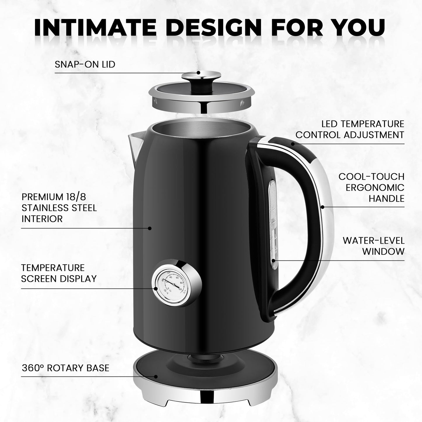 SUSTEAS Electric Kettle Temperature Control - 57oz Hot Water Boiler with Thermometer, 1500W Fast Heating Stainless Steel Tea Kettles, Cordless LED Indicator, Auto Shut-Off & Boil Dry Protection,Black