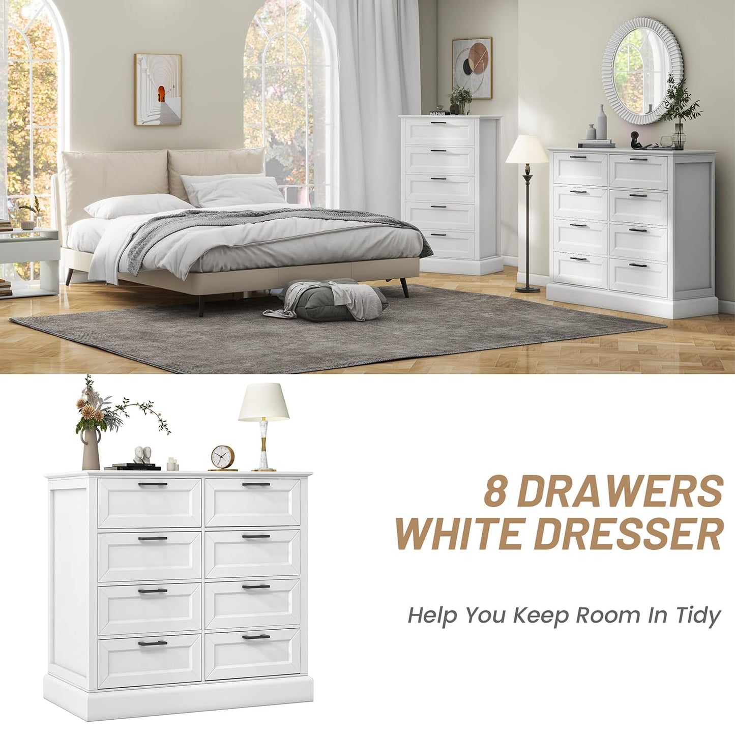 biukpci White Dresser for Bedroom, Chest of Drawers, Large Modern Farmhouse Storage for Closet, 8 Drawers Dresser Storage Drawers, 39.3” Tall Wood Clothing Storage with Black Handles