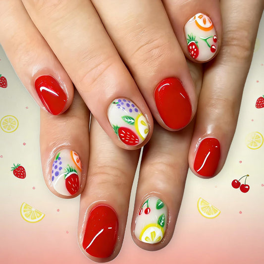 24 Pcs Short Square Press On Nails Red Fake Nails With Fruits Designs Summer False Nails Full Cover Cute Stick On Nail Glossy Reusable Acrylic Glue On Nail For Women Manicure Art