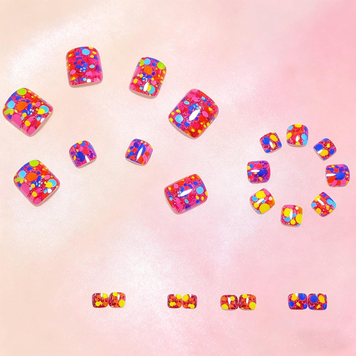 Rainbow Polka Dot Press on Toenails Short Square Fake Toe Nails Summer Toenail Press ons Colorful Acrylic Toe Press on Nails Full Cover Reusable Stick on Toenails for Women 24Pcs