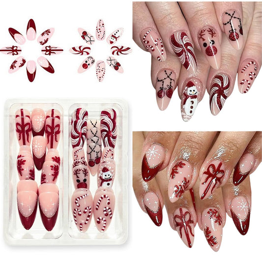 Christmas Press on Nails Kit 48 Pcs Medium Almond Fake Nails 2 Style Red French Tip False Nails with Snowflake Bow Snowman Cane Candy Designs Glossy Glue on Nail Winter Acrylic Nails for Women Girls