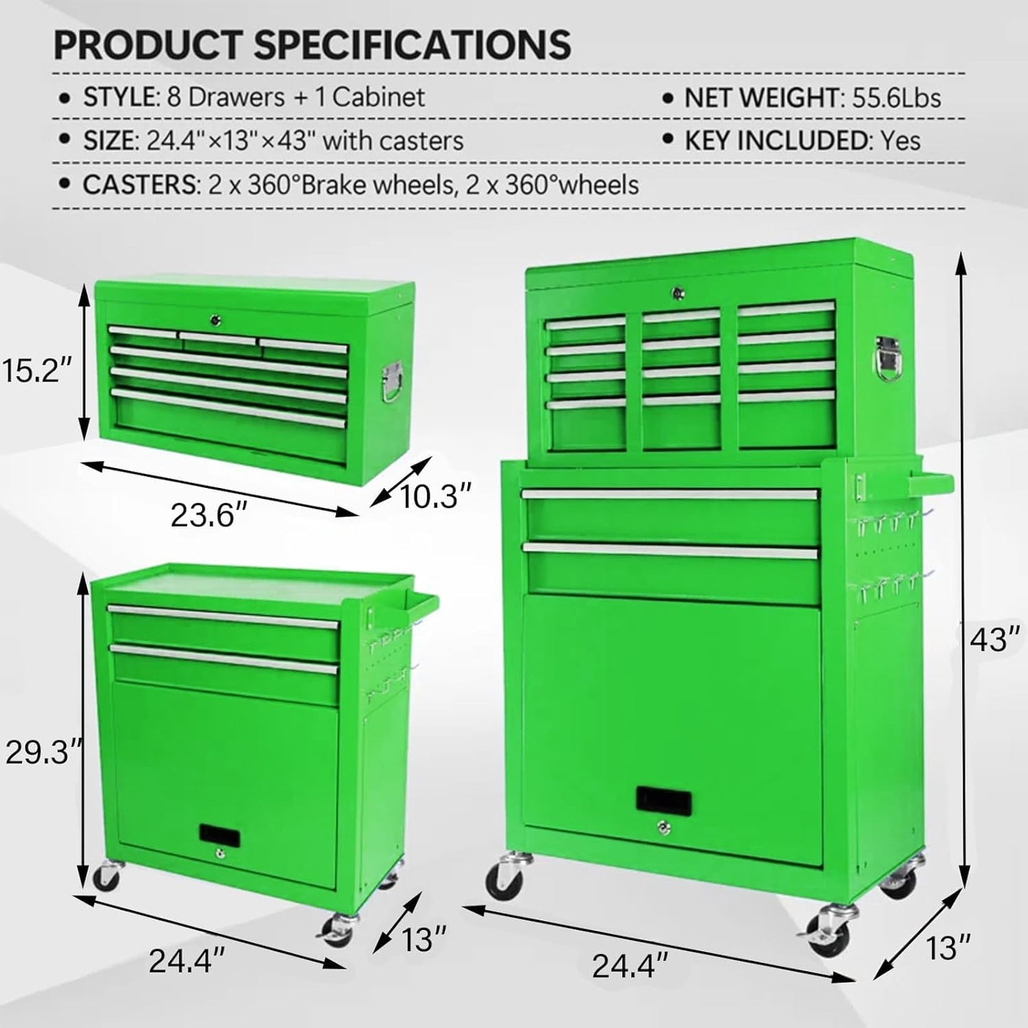 PLENTORA 8 Drawers Rolling Tool Chest - Tool Box Organizer with Wheels and Drawers, Detachable Storage Cabinet with Lock for Garage Workshop, Green