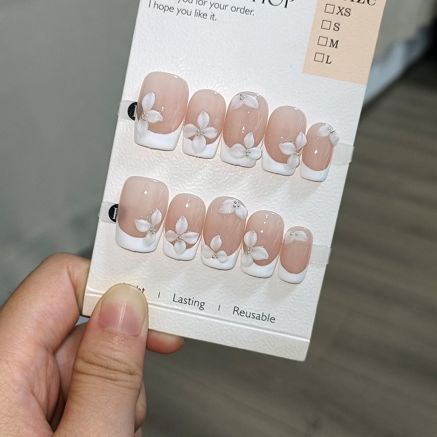 TENPAL 10Pcs Handmade Press On Nails Medium With Tools,Nude White French Tip Coffin Fake Nails with Designs,Hand-Painted White Floral Sculpted Salon Acrylic Glue on Nails for Wedding Party Daily(S)