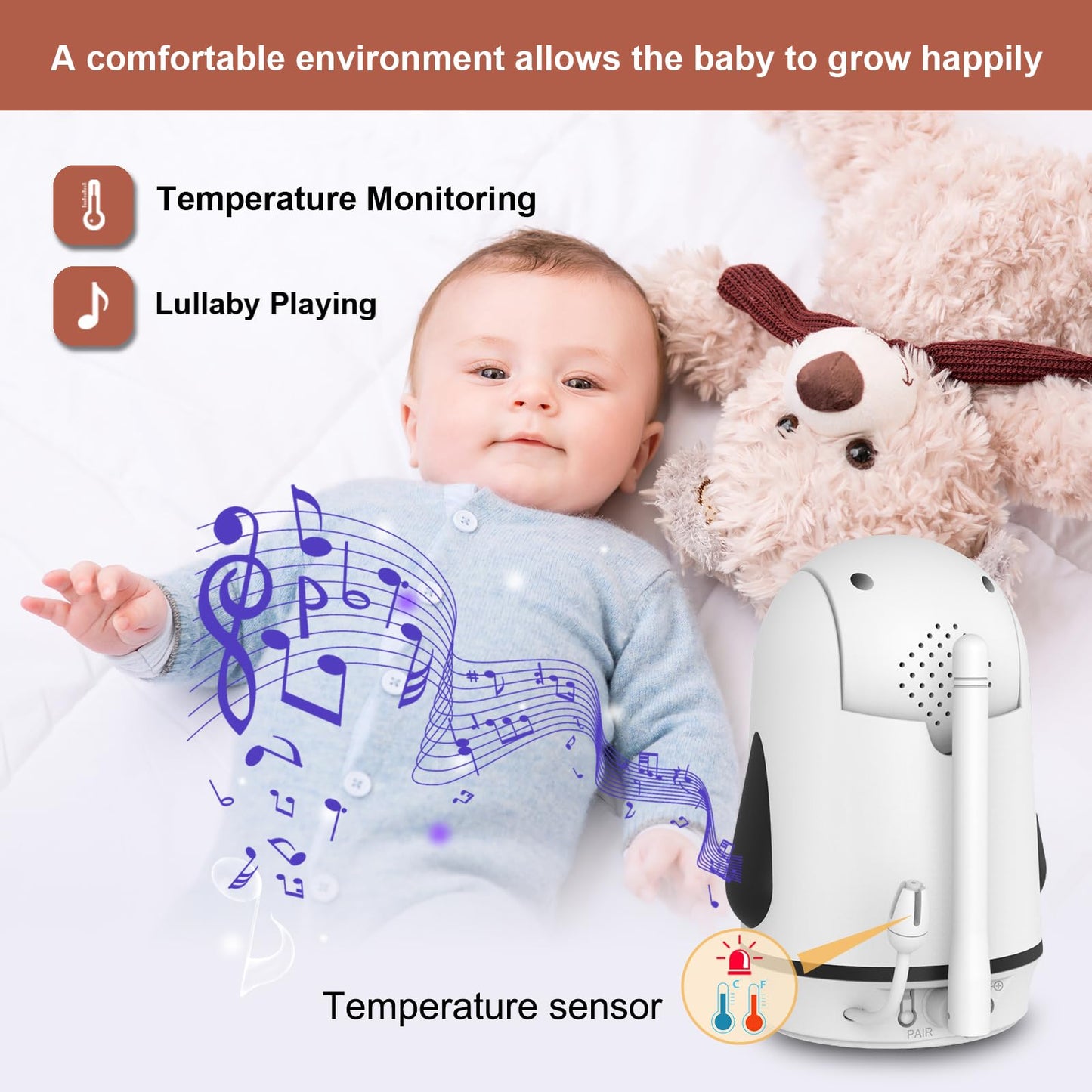 OKAIDI Video Baby Monitor with Camera and Audio, 5" Display Baby Monitor No WiFi, 30H Battery and 1000ft Range, Remote Pan-Tilt-Zoom Baby Camera, Night Vision, 2-Way Talk, ECO, Temperature, Lullaby