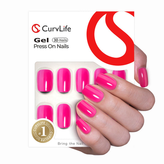 CurvLife Press on Nails Short Square Acrylic Fake Nails with Apricot Design Full Cover False Nails Glossy Nude Glue on Nails Artificial Stick on Nails for Women (Bright-Pink)