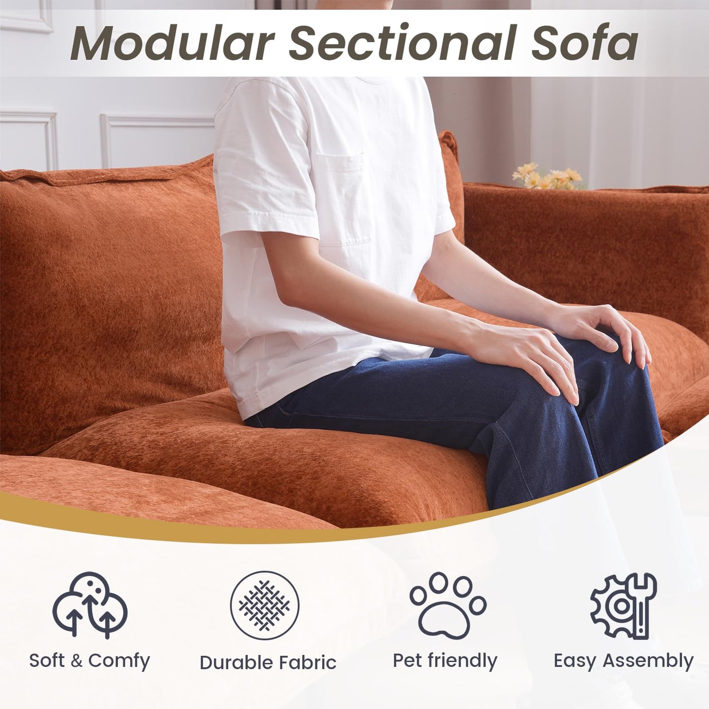 WJShome Velvet Modular Sectional Couch, 74" Loveseat Cloud Couch with Deep Seat Sofa, 2-Seater Sofa with Removable Cushions for Livingroom with 8" High Legs for Small Spaces,Terracotta