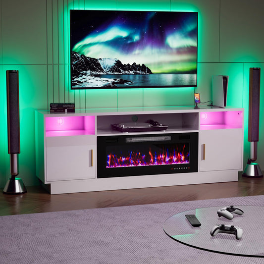 BREEZEHEAT TV Stand with Fireplace-Fireplace TV Stand for 75+ inch TV, LED Entertainment Center for Living Room w/ 36" Fireplace Inserts, TV Console with Cabinet, Power Outlets, Remote Control,White
