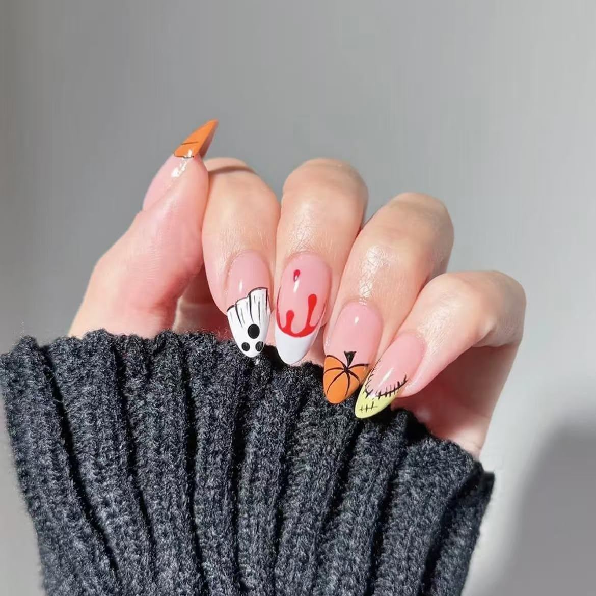 10pcs Halloween Press on Nails Short Fake Nails with Ghost Pumpkin Design Almond Nails Glitter False Nails Halloween Full Cover Cute Stick on Nail for Woman Tool Kit Nail (MT-150-M)