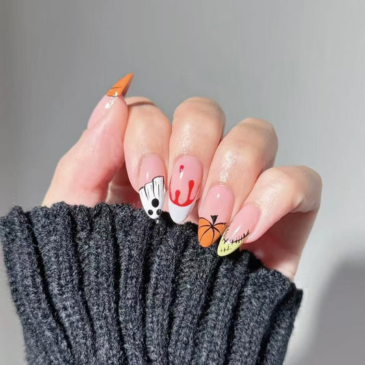 10pcs Halloween Press on Nails Short Fake Nails with Ghost Pumpkin Design Almond Nails Glitter False Nails Halloween Full Cover Cute Stick on Nail for Woman Tool Kit Nail (MT-150-M)