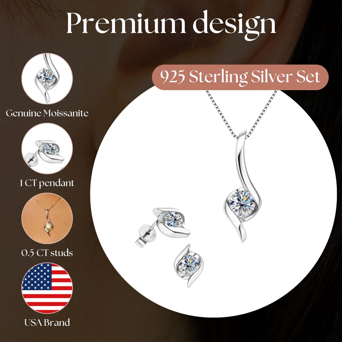Exquisite Moissanite & 925 Sterling Silver Jewelry Set: Trendy European Design with Pendant (1 Carat, 1/4-inch, 6.5mm) and Earrings (Each: 0.5 Carat, 3/16-inch, 5mm) – Elegant Leather Gift Box Included (Silver Set)