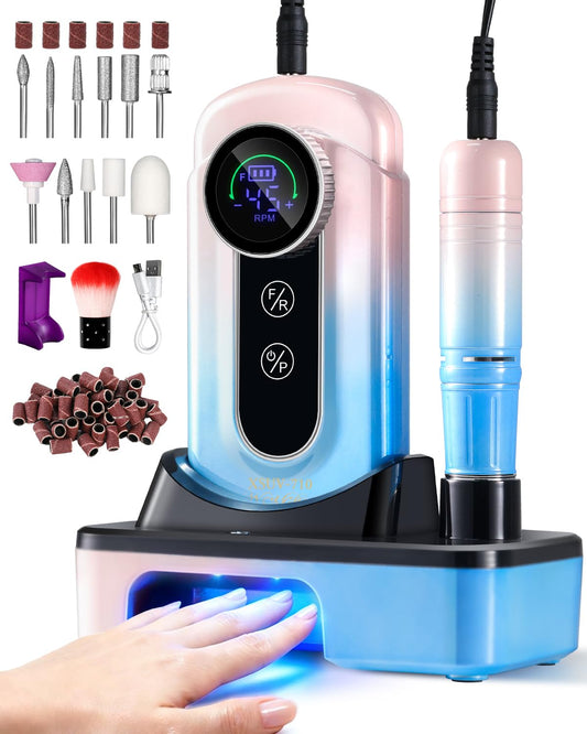 Moskany Professional Electric Nail Drill Kit 45000RPM Gradient Blue Cordless Rechargeable Nail File Machine with Nail Lamp Portable Efile Nails Drill for Acrylic Gel Nails