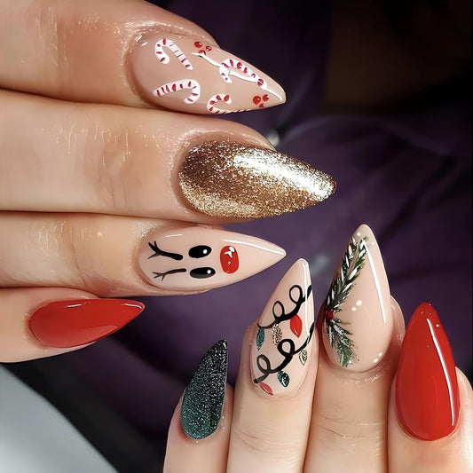 Cute Christmas Press on Nails Almond Fake Nails with Deer Glitter Cane Christmas Light Designs Medium Glue on Nails Glossy Winter False Nail Tips Full Cover Gel Artificial Nails Stick on Nails 24Pcs