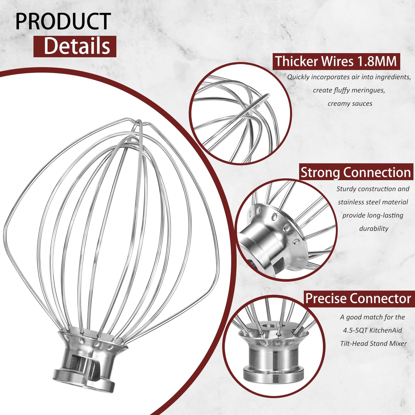 LEMEENQ K45WW Dishwasher Stainless Steel Wire Whip Attachment, 6 Wire Whisk fits KitchenAid 4.5 and 5 Quart Tilt-Head Stand Mixers, Dishwasher Safe