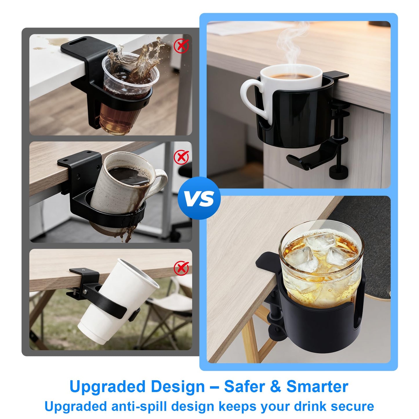 Erin Ridge Clamp-On Desk Cup Holder with 360° Rotating Hook – Anti-Spill Drink Holder with No-Scratch Silicone Pads, Fits Mugs & Tumblers – for Home Office, Gaming, Camping & Outdoor Tables