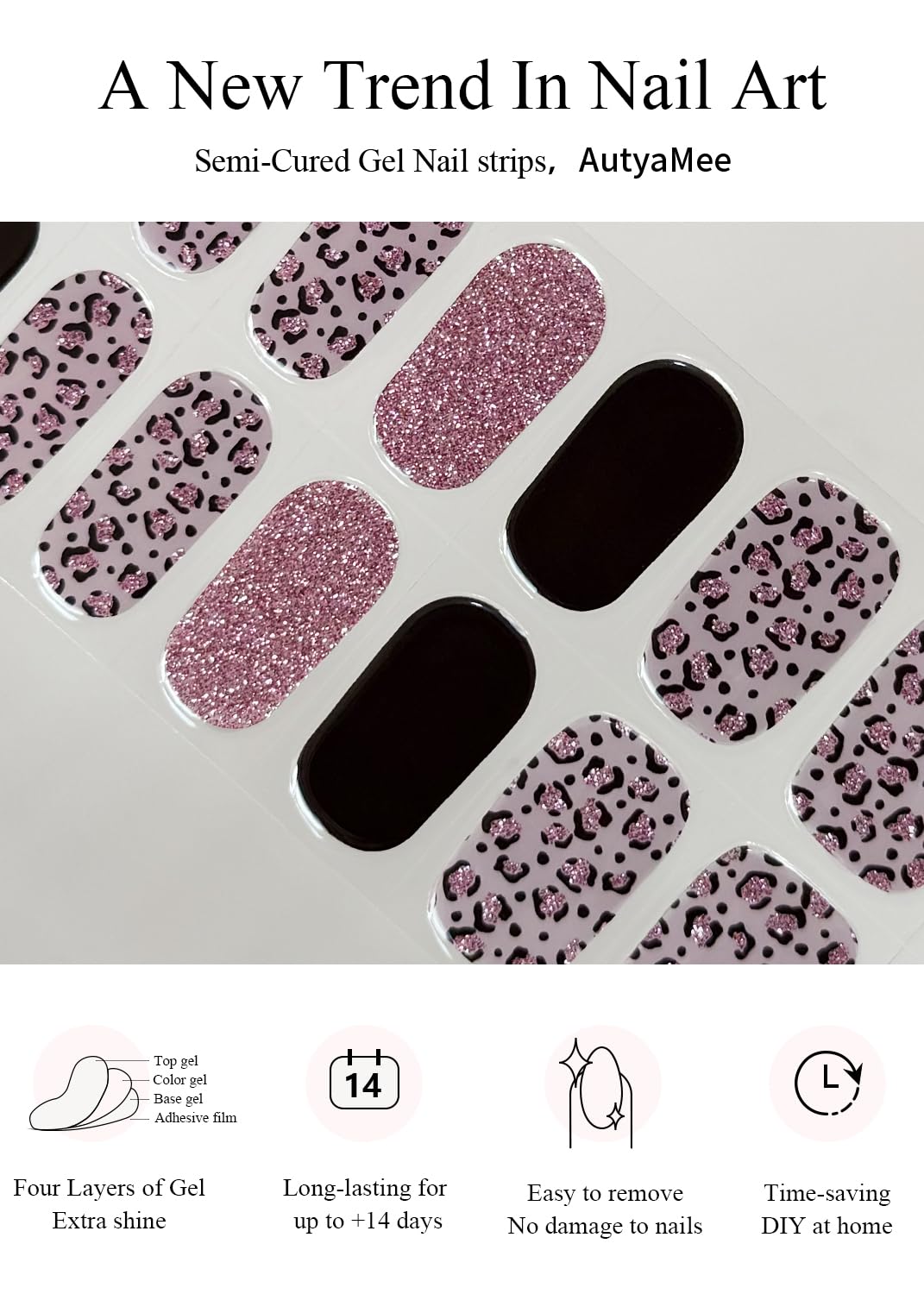 AutyaMee Semi Cured Gel Nail Strips (Glitter Leopard), Purple, 20 Pcs Gel Nail Wraps, Stickers, Salon Quality, Long Lasting, Works with Any UV Lamps