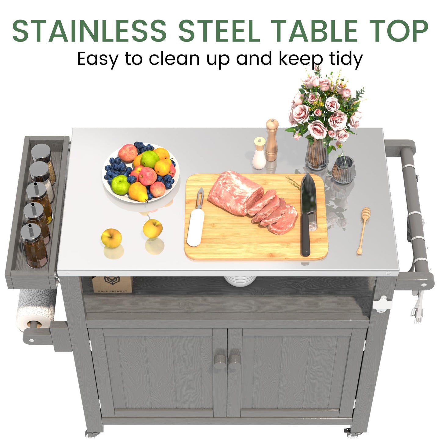Sunnibety Weatherproof HIPS Outdoor Kitchen Island with Stainless Steel Top & Storage Cabinet, Movable Prep Table with Wheels for BBQ Food Prep, Outdoor Grill Cart for Parties, Grey