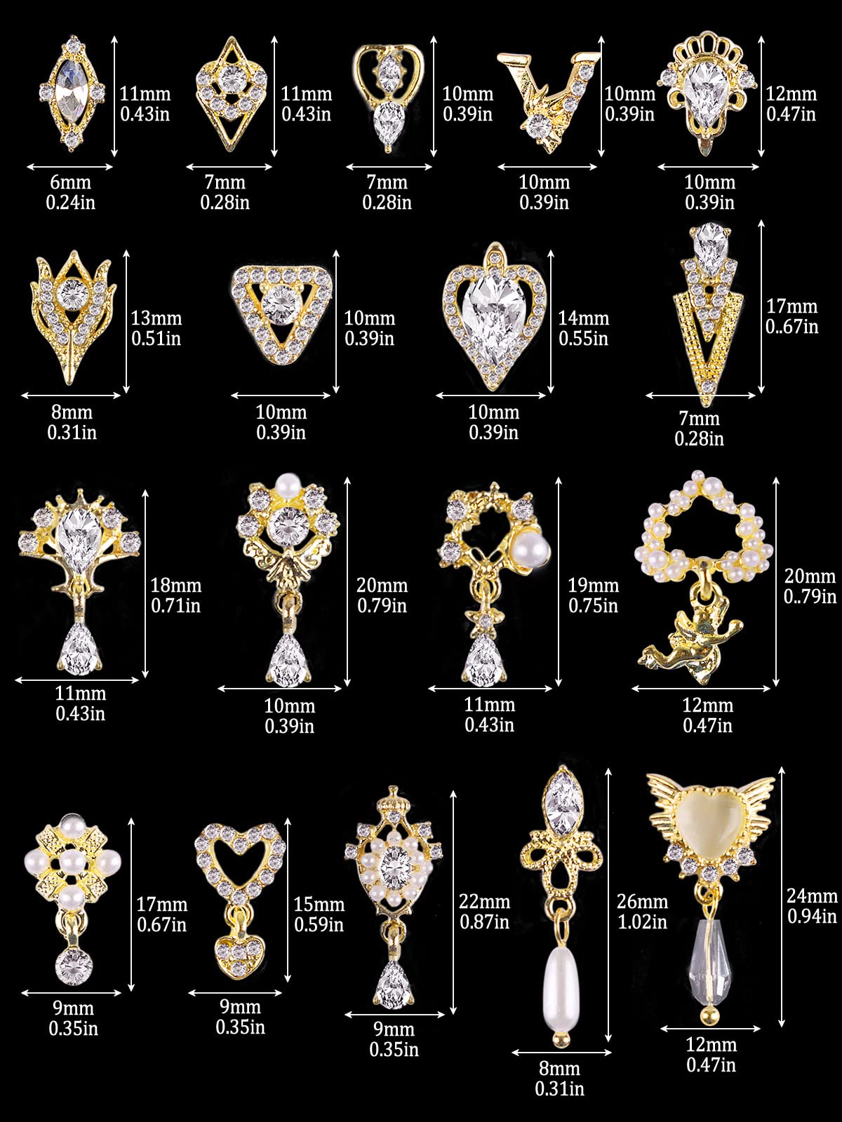 36 Pcs Luxury Nail Charms, TOROKOM 3D Dangle Nail Art Rhinestones Gold Silver Heart Pearl Crystal Gems Nail Diamond for Girl Women DIY Nail Design Craft Jewelry Making