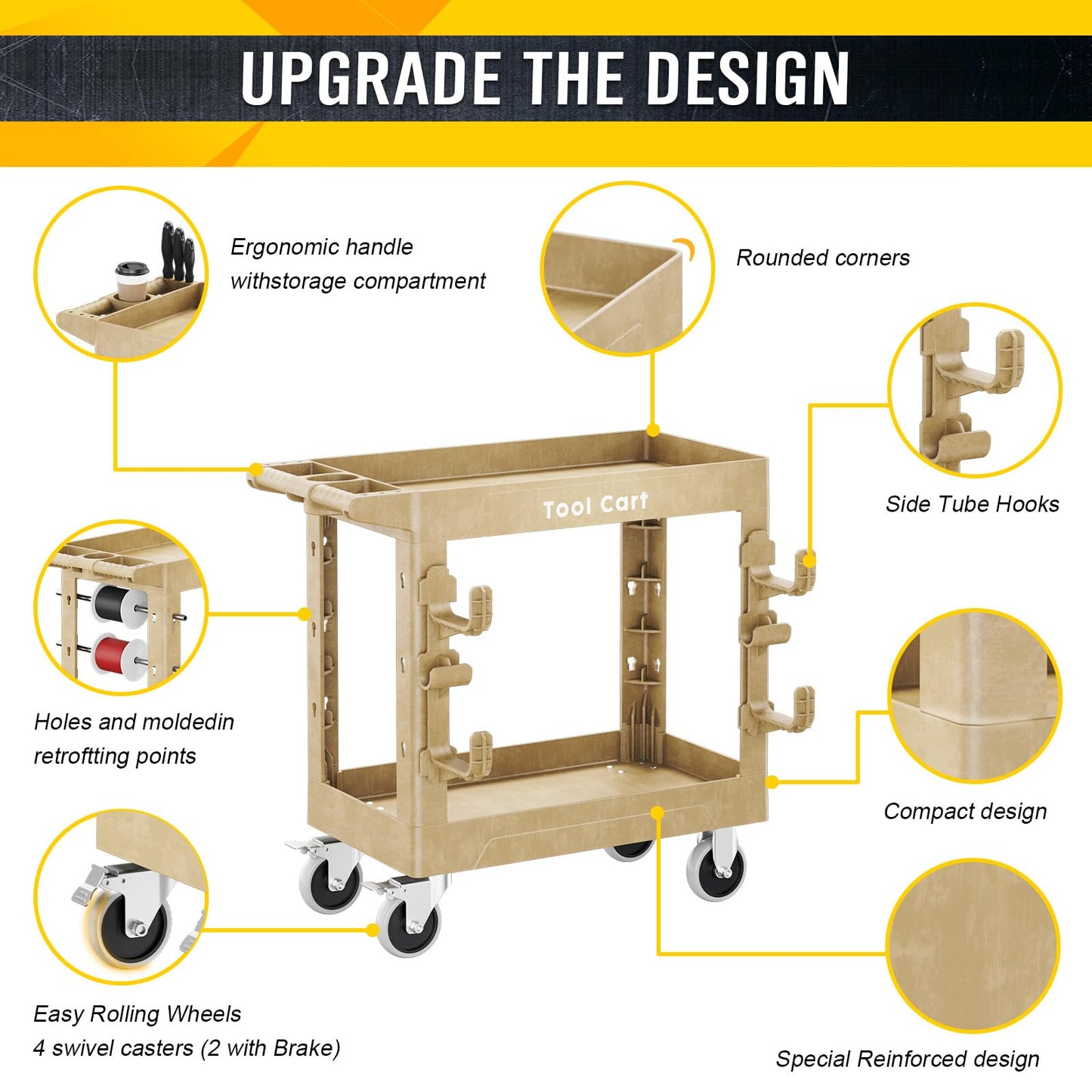 Heavy Duty Garden Tool Carts,600LBS Capacity 2 Tier Yard Tool Storage Rack with Side Hooks Garage Tool Cart with 360°Swivel Wheels Outdoor Garden Tool for Shed, Yard, Garage,Sand