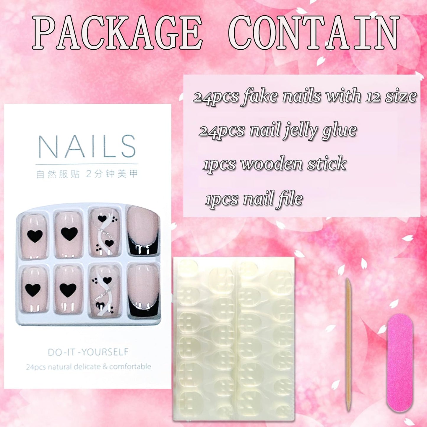 Vezocim 24Pcs Press on Nails Medium Heart Glossy Full Cover Artificial French Tips Fake Nails with Black Heart Designs Acrylic Square False Nails with Glue Coffin Stick on Fingernails for Women