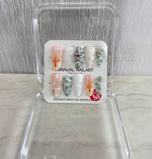 Almond Medium Press on Nails Handmade Fake Nails White French Tip with 3D Flower Designs beach luxury Glossy Cute Acrylic Nails for Women 10pcs (Size M）
