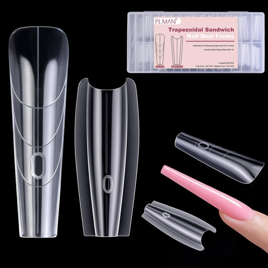 Plman 240 PCS Sandwich Nail Dual Forms, Nail Extension Kit for Beginner & Professional, 14 Sizes Dual Form for Polygel and Builder Gel, Salon and Home DIY Nail Art Tools (Trapezoidal)
