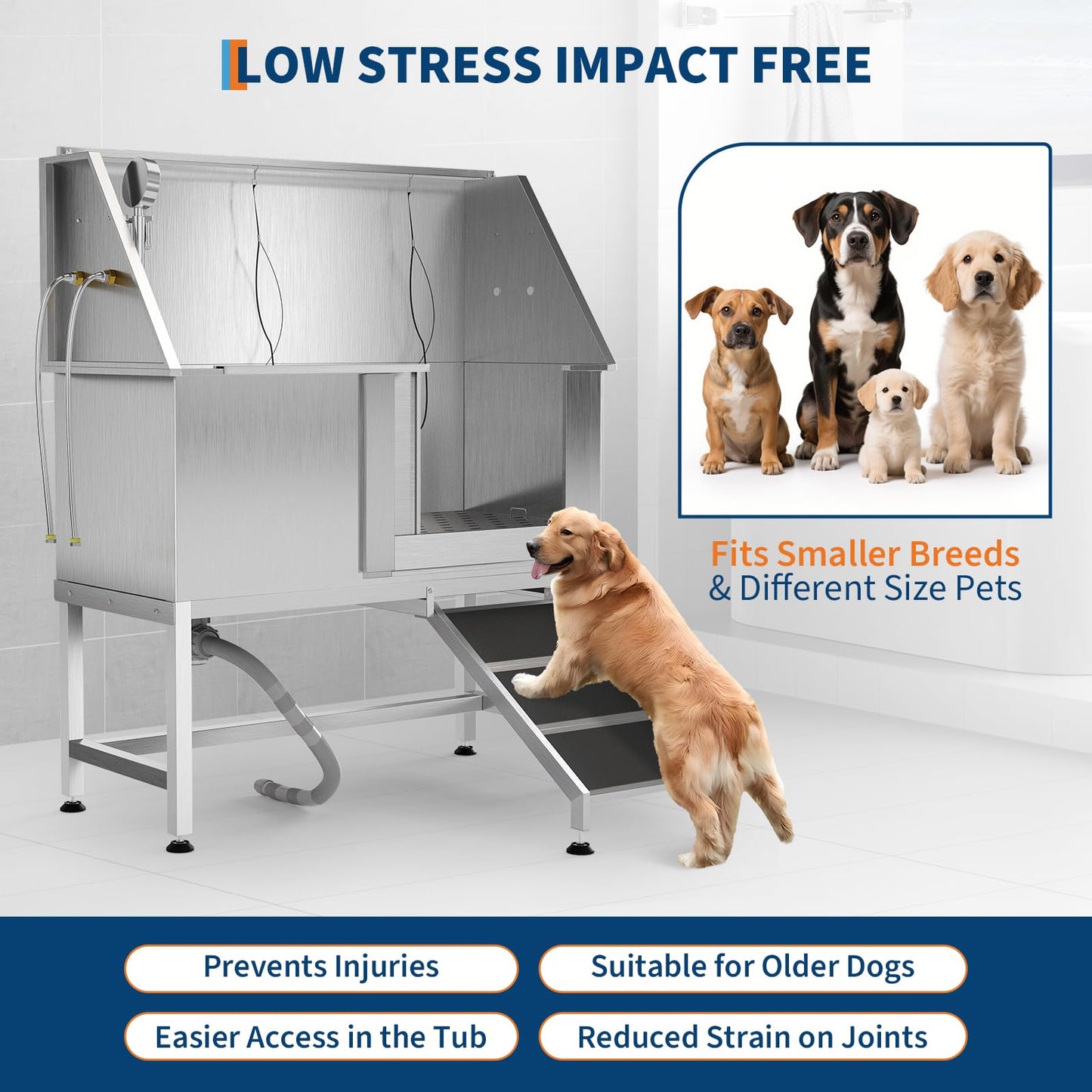 PeacefulHues 50 Inch Dog Washing Station, Stainless Steel Dog Bathtub with Left Ramps, Pet Dog Bathing Station with Floor Grate, Professional Dog Grooming Tub for Large, Medium, Small Pets