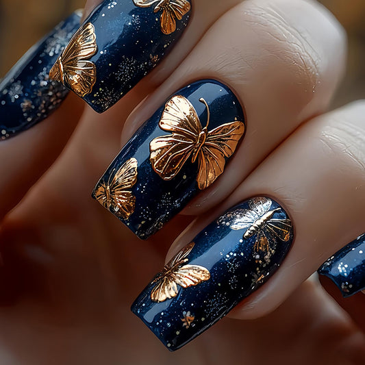 Vopintpy Gold Butterfly Press on Nails Medium Square Fake Nails with Design Glossy Acrylic Glue on Nail Reusable Full Cover Artificial Stick on Nail for Women DIY Manicure