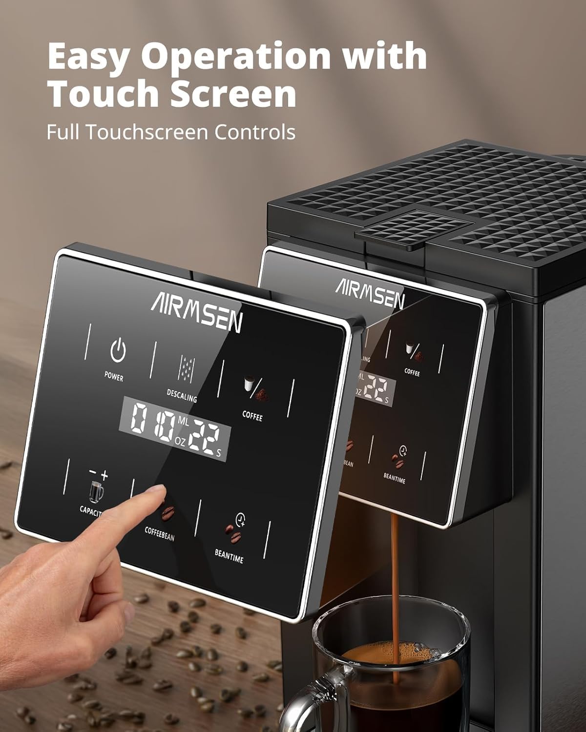 AIRMSEN Grind & Brew Coffee Maker with Built-in Grinder (2026 Model) - Single-Serve, Compatible with K-Cup Pods & Ground, 1000W Fast 6-14oz Brewer, Descaling Alert, Touchscreen & 50oz Removable Tank