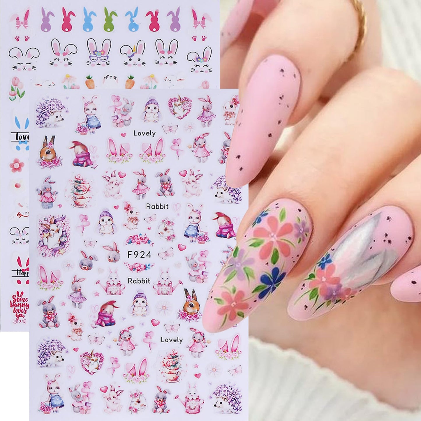 Easter Bunny Nail Art Stickers Decals 12 Sheets 3D Self-Adhesive Cute Rabbit Nail Art Stickers Easter Egg Chick Ears Designs Colorful Flower Daisy Spring Sliders Holiday Manicure Decoration
