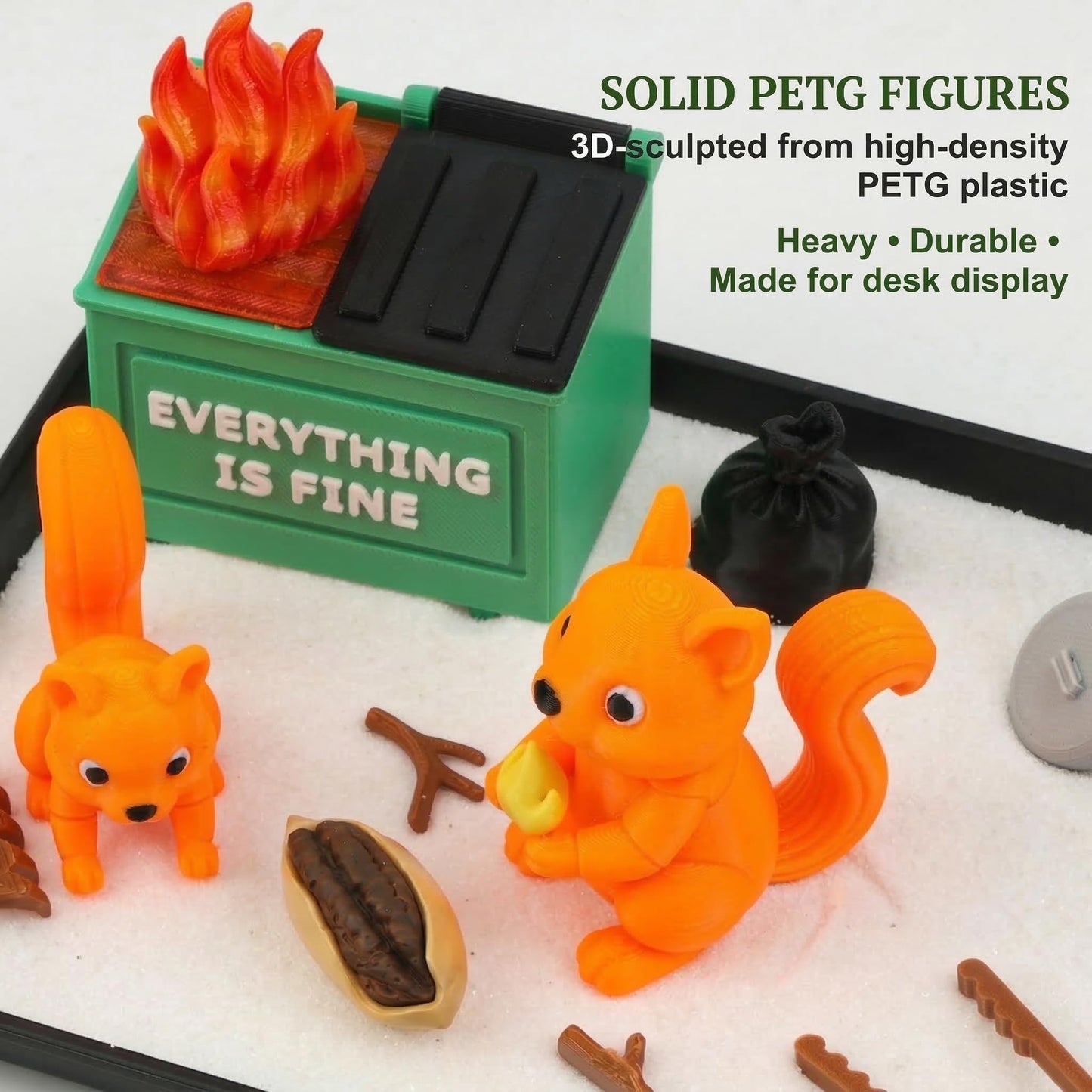 Qoieua Dumpster Fire Zen Garden for Desk - Squirrel Edition Funny Office Desk Accessories - White Elephant Gag Gifts for Coworkers, Boss, Men & Women - Mini Sand Tray Stress Relief Decor (14+)