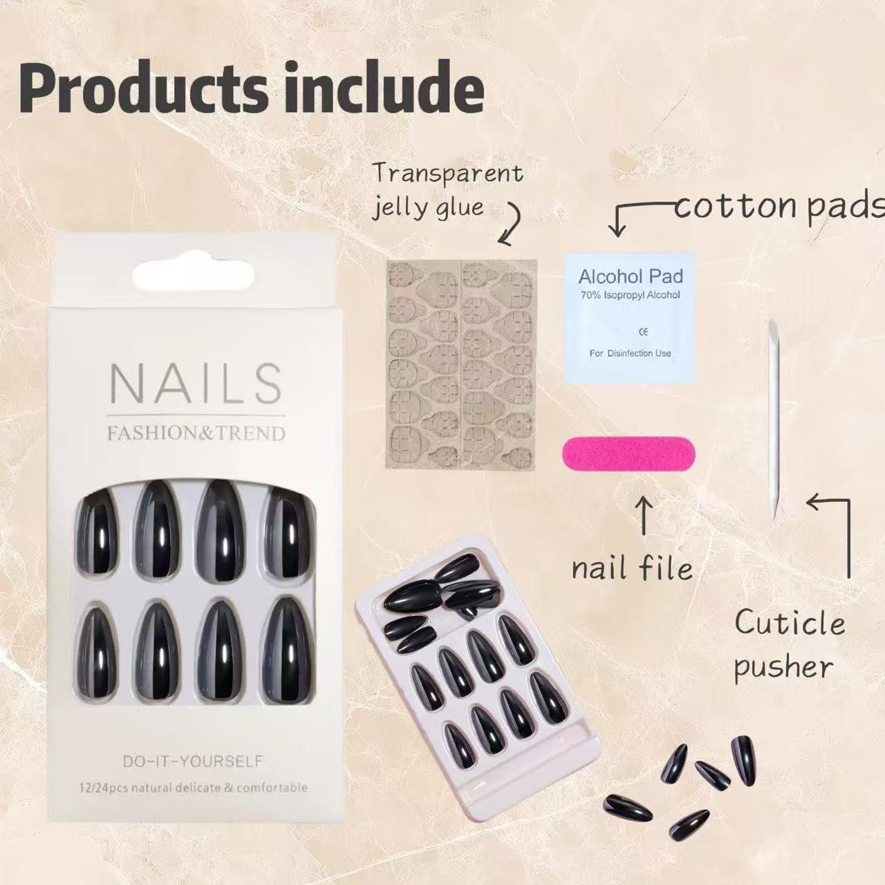 C.Z.Z.T.T.NAILS 24 pcs Press On Nails - Fake nails with Jelly Glue for WomenOpaque Soft Gel Glue On Nails in Magic Mirror Almond Press Decks