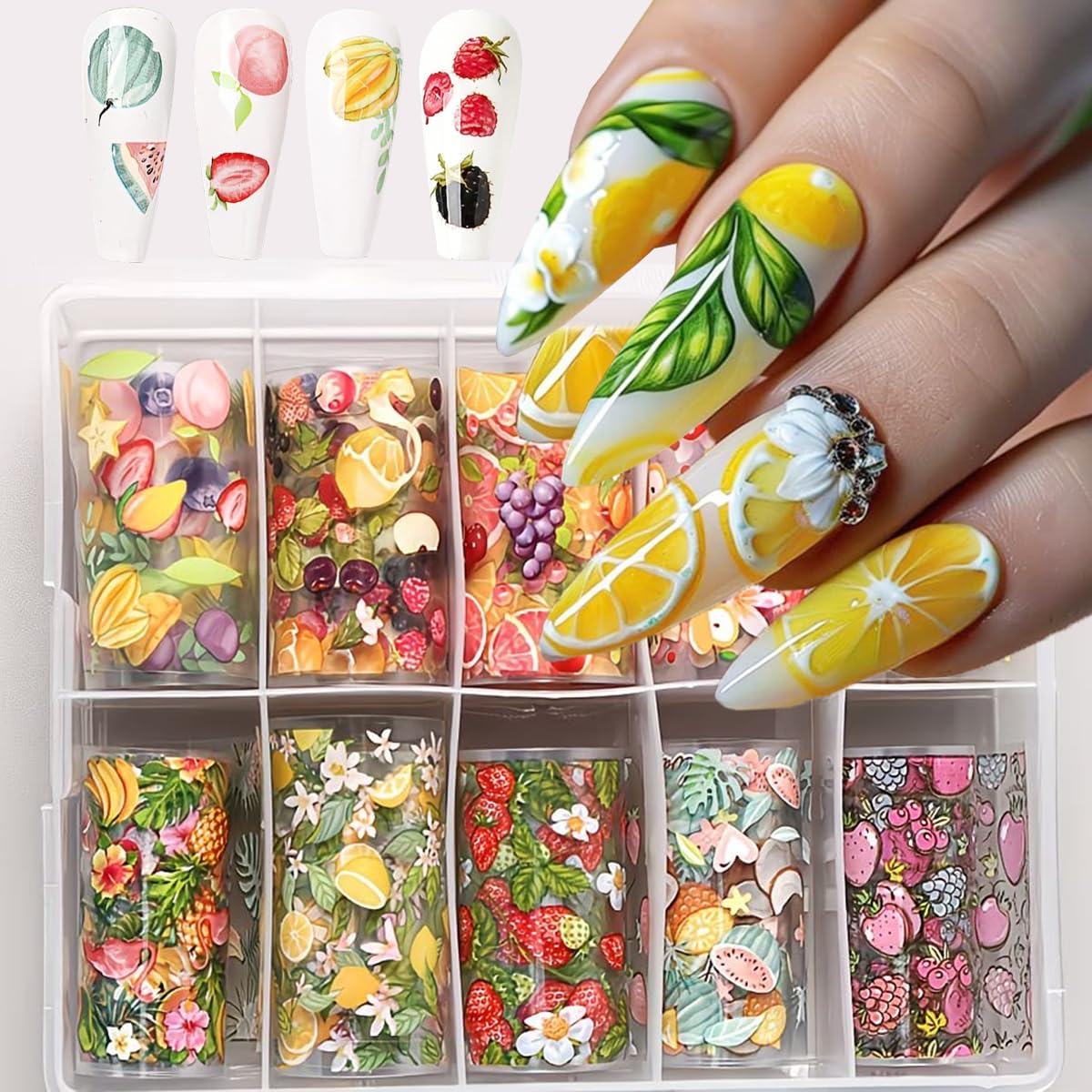 Fruit Nail Art Foil Transfer Stickers Summer Nails Foils Transfer Decals Lemon Strawberry Flower Fruit Nail Decals Nail Art Supplies Starry Sky Paper Nail Adhesive Slider for Women Manicure Decoration
