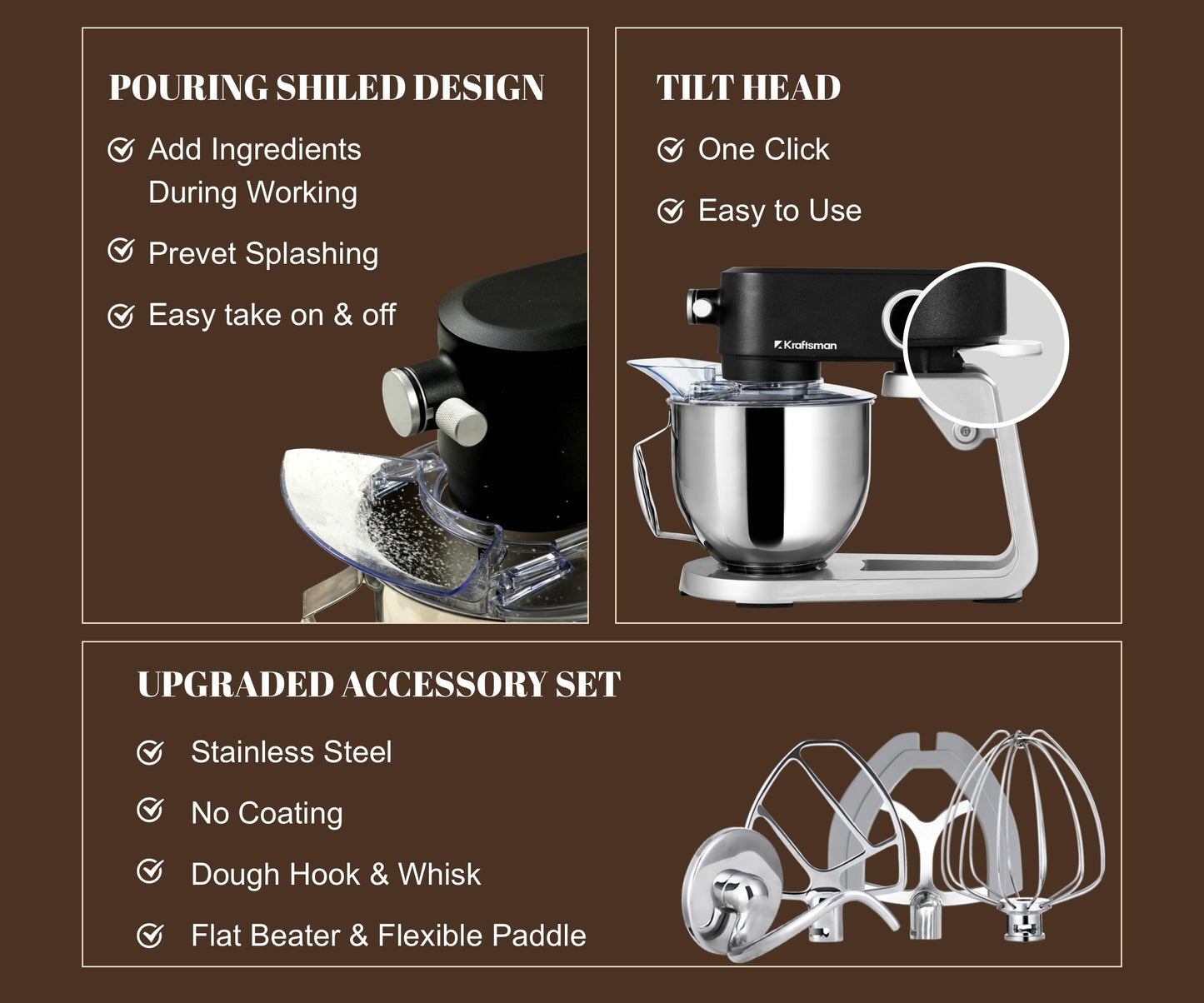 Kraftsman Stand Mixer All Metal - Heavy Duty Kitchen Standing Mixer 5.3 Quart with 4 Stainless Steel Attachments, DC Motor & Multifunctional Power Hub, 8-Speed & Timer, Lower Noise (Black)