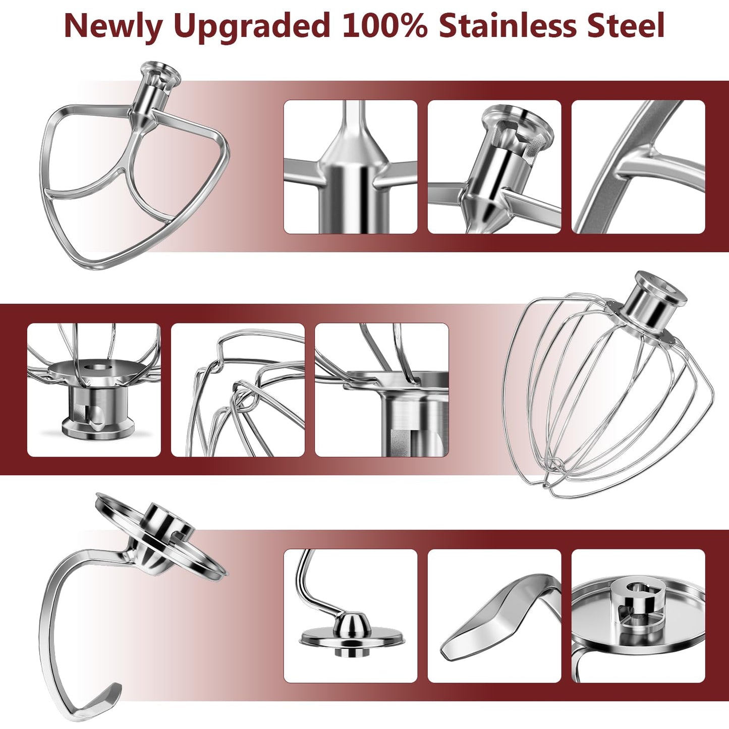 LETOMS Stainless Steel Attachments 3 Pieces for KitchenAid 4.5-5QT Tilt-Head Stand Mixer and Mixing Bowl,K45WW Wire Whip, K45DH Dough Hook, K45B Flat Beater,Dishwasher Safe and Heavy Duty
