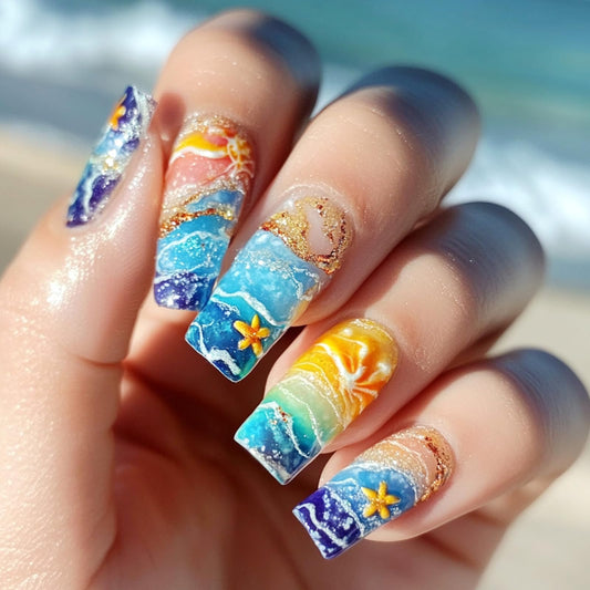 24Pcs Summer Press on Nails Short Square Fake Nails with Gradient Waves Design Golden Beach False Nails Glossy Glue on Nails Acrylic Nails Full Cover Stick on Nails for Women Manicure