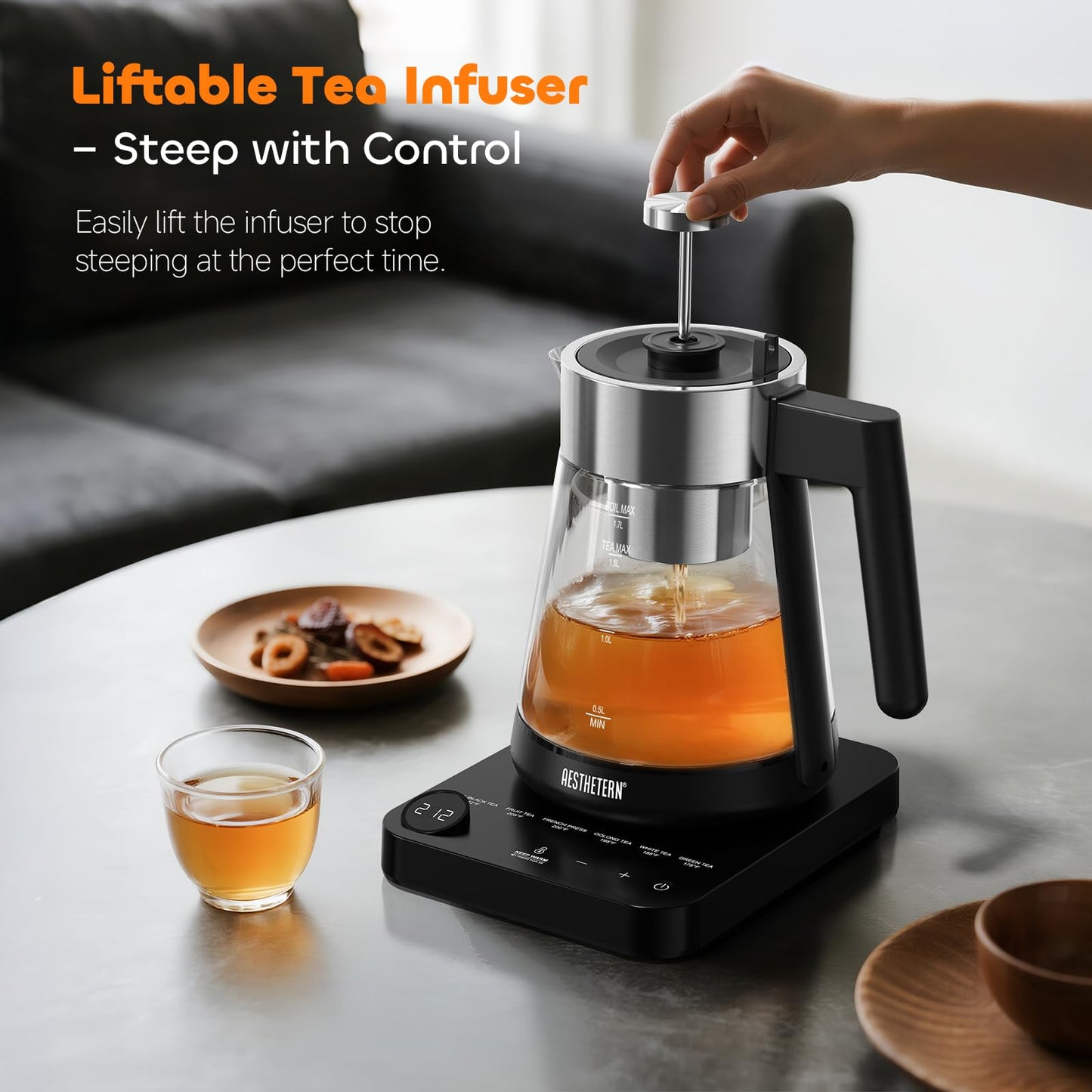 Aesthetern Electric Tea Kettle with Infuser 1.7L Glass Electric Kettle with Temperature Control Automatic Shut Off 12H Keep Warm for Tea Coffee Water Heater, Black