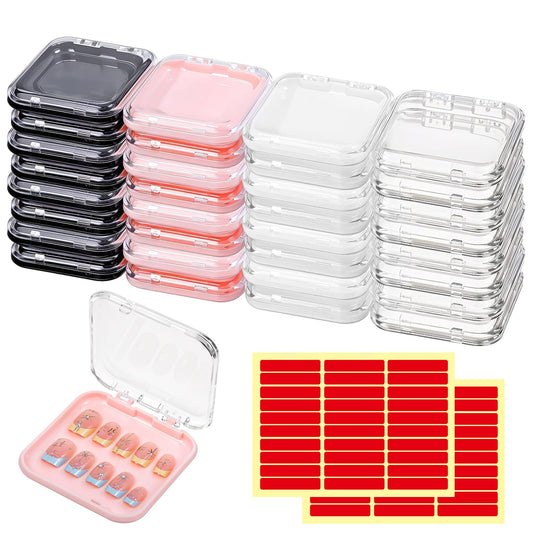 32 Pack Press on Nail Storage Boxes with 60 Adhesive Tapes – Acrylic Nail Organizer for Salon, Travel & Gifting (4 Colors: Pink, Black, White, Clear)