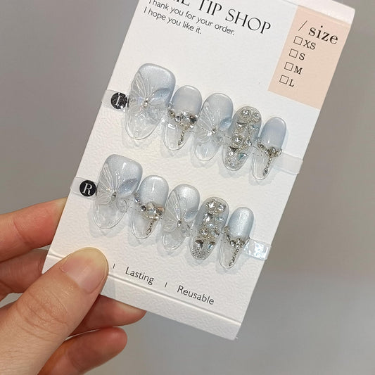 TENPAL Cat Eye Press on Nails 10Pcs Full Kit - Short Oval Icy Ocean Gradient False Nails, 3D Butterfly Rhinestone Spring Summer Fake Nails, Ethereal Glue on Nails for Girls Glitter Shimmer Design(M)
