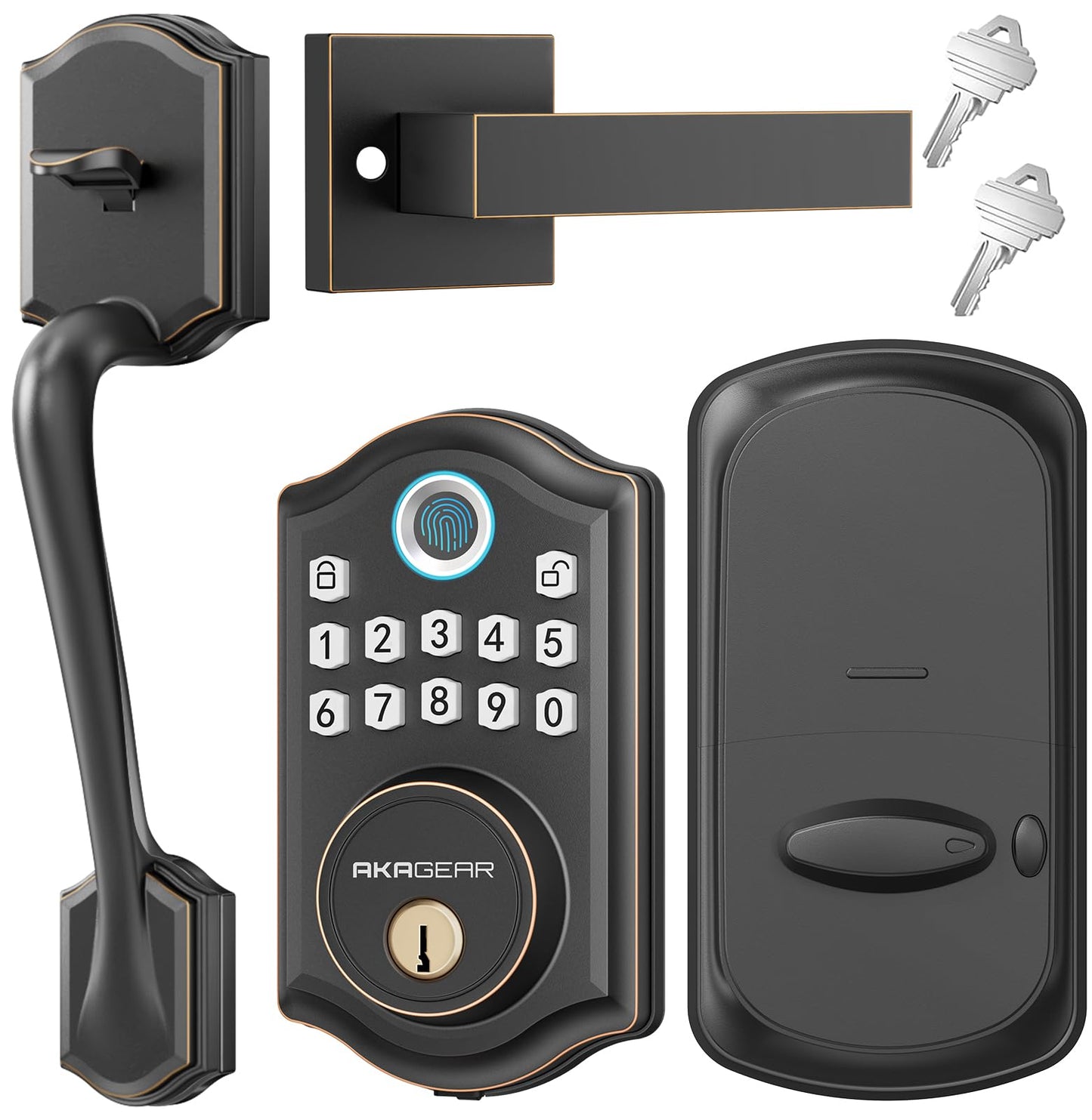 AkaGear DS10 Keyless Entry Door Lock with Handle Set - Fingerprint Deadbolt, Electronic Keypad Deadbolt, Smart Locks for Front Door, Auto-Lock & One Touch Locking - Oil Rubbed Bronze