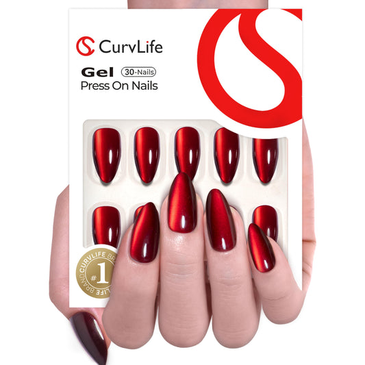 CurvLife Soft Gel Almond Press on Nails,Long Glossy Red Cat Eye Fake Nails with Apricot Design, Full Cover False Nails Tips Glossy Nude Glue on Christmas Nails Artificial Stick on Nails for Women