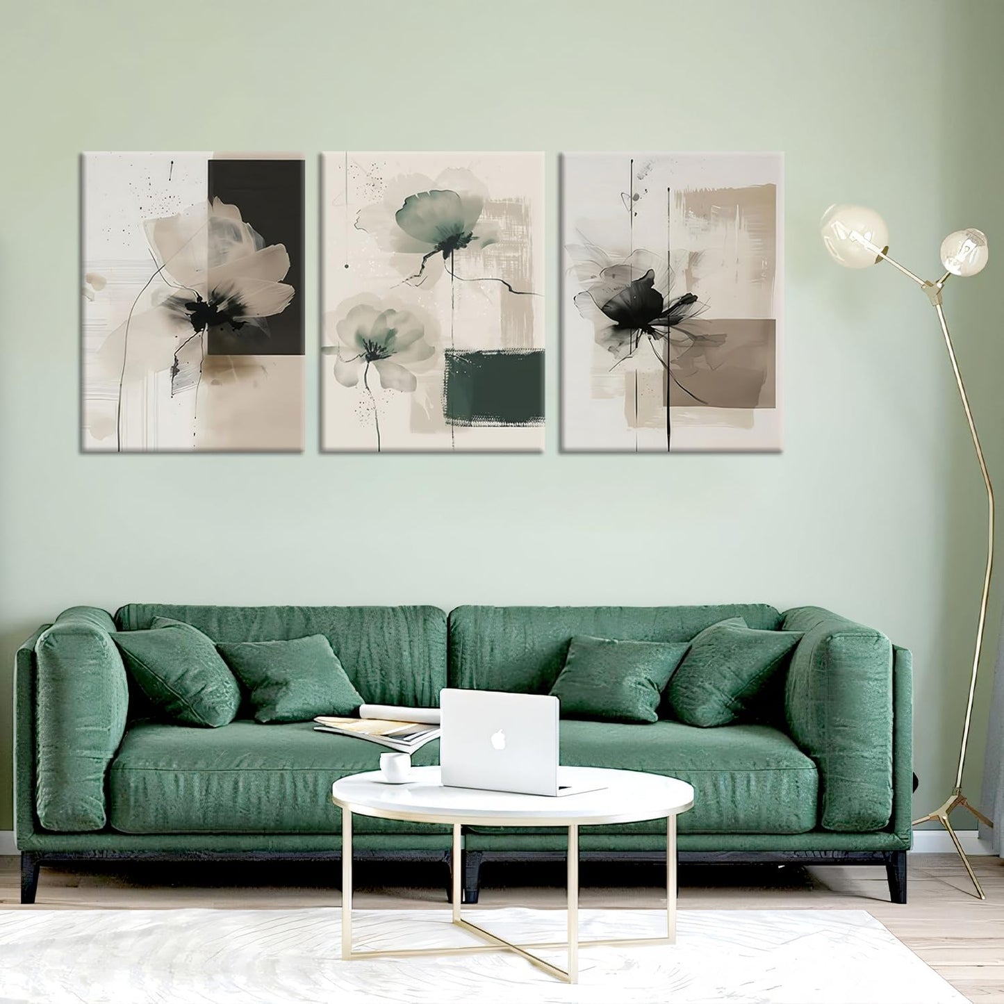 Neutral Abstract Floral Wall Art Set of 3 – Modern Beige & Black Minimalist Canvas Prints, Contemporary Large Flower Posters for Living Room Bedroom Bathroom Office Home Decor, Framed 24x16 Inch