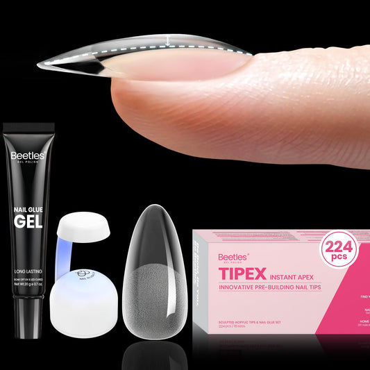 Beetles Tipex Nail Tips Kit Almond Medium, 224Pcs 16 Sizes,Pre-building Pre-Etched Strong Thicker Acrylic Tips with Mini U V Lamp Tipex Nail Glue
