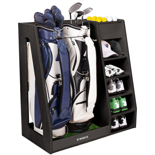 WINGYZ Premium Birch Plywood Golf Bag Storage for 2 Bags | 36lb Rock-Solid Golf Bag Organizer | 7-Shelf Command Center | Artificial Turf 12-Ball Display | No Wall Mounting Required (Black)